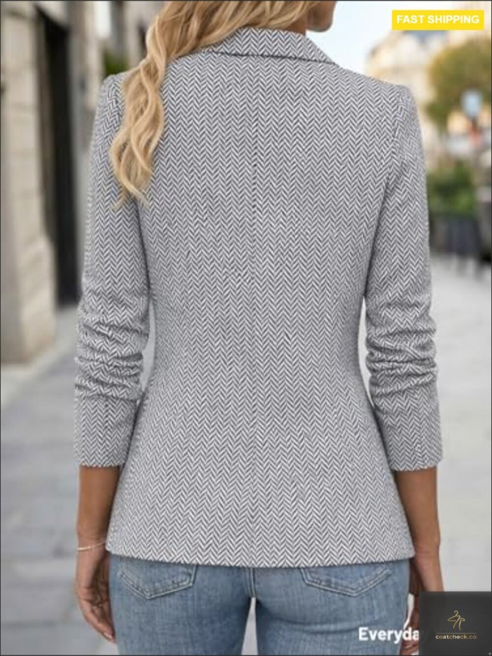 Herringbone Tweed Blazer Slim Fit Open Front Lined Casual Work Office Jacket - Picture 4 of 7